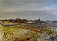 Aldea rural francesa Iglesia Paisaje Acuarela Campos y tierras de cultivo