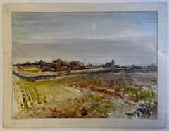 Aldea rural francesa Iglesia Paisaje Acuarela Campos y tierras de cultivo