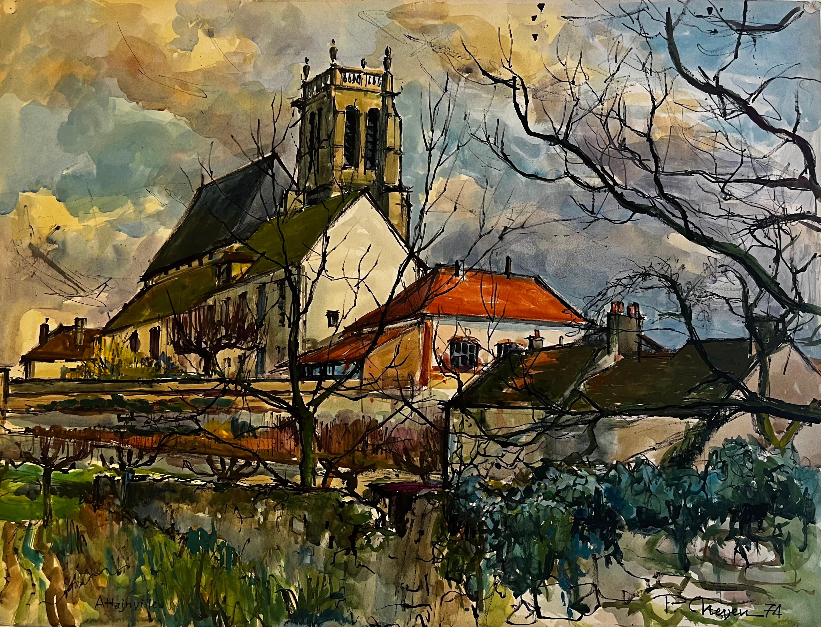 Attainville Villaggio francese Chiesa Paesaggio Acquerello Case Rurali Pierre Neveu