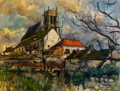 Attainville Village français Church's Paysage Aquarelle Maisons rurales Pierre Neveu