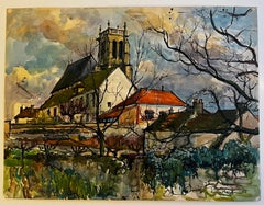 Attainville Village français Church's Paysage Aquarelle Maisons rurales Pierre Neveu