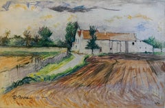 Seine Valley French Farmhouse Landscape Pastel Drawing Rural France Pierre Neveu