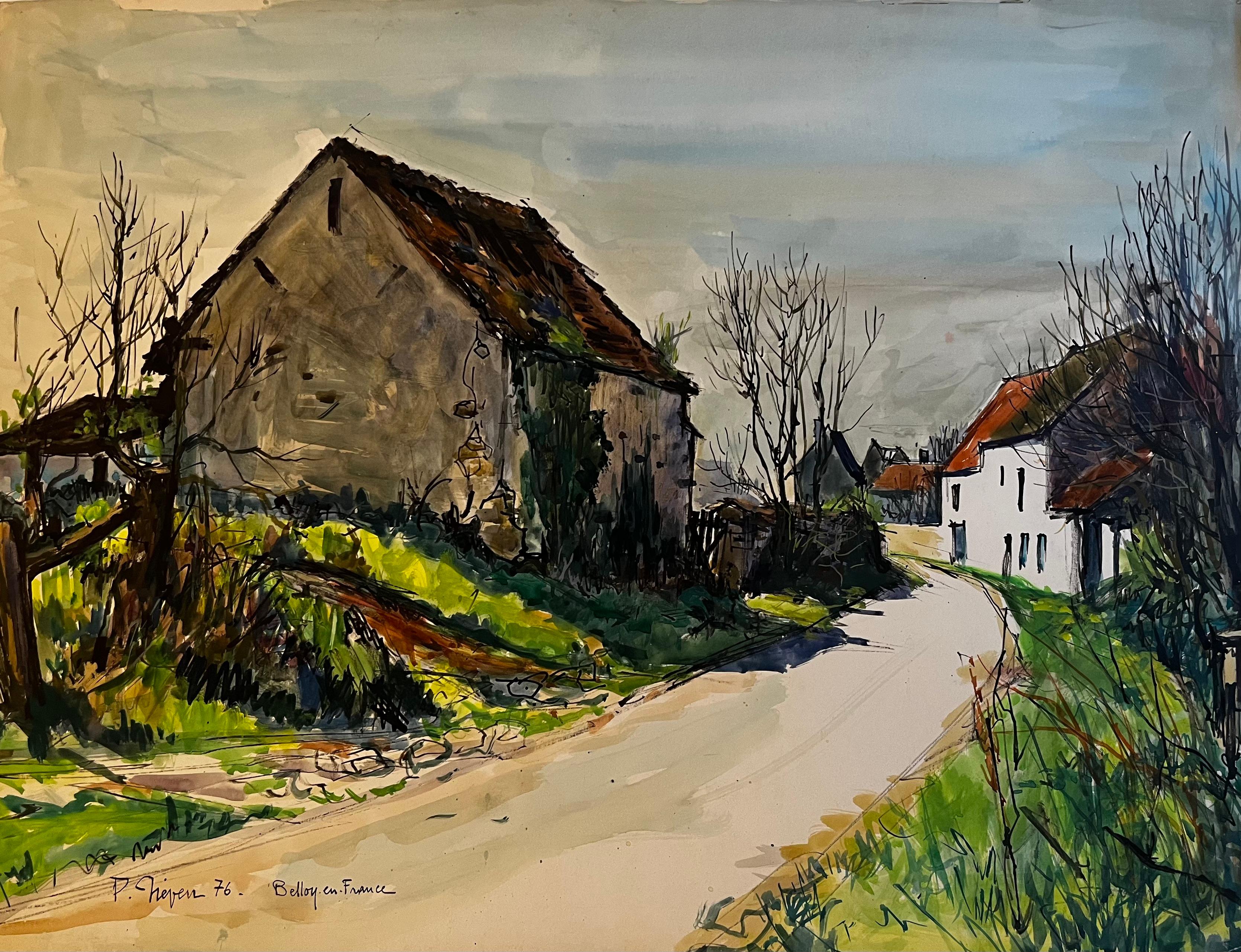 Belloy en France Village Road Landscape Watercolor Rural France Pierre Neveu