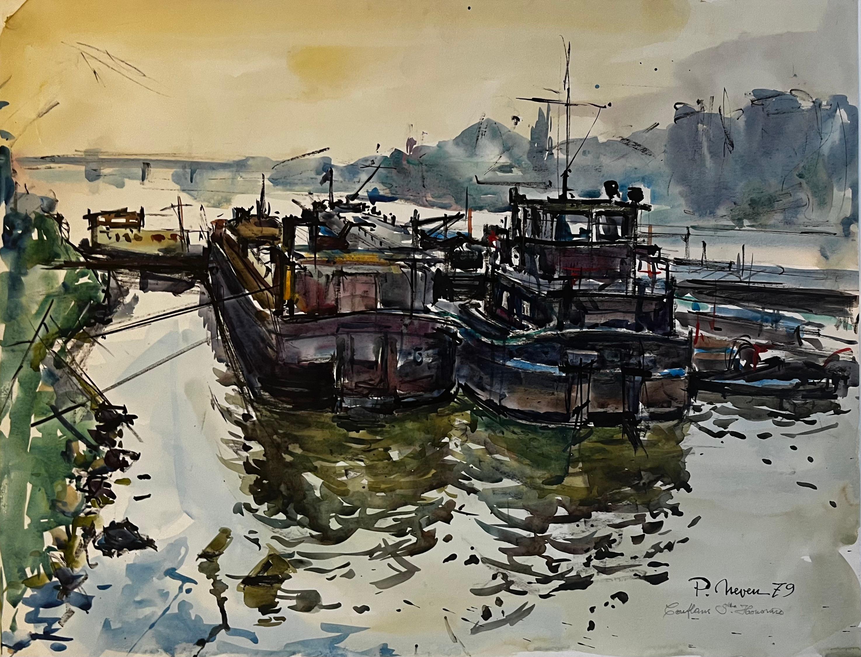 Conflans Sainte Honorine River Boats Watercolor French Seine Scene Pierre Neveu