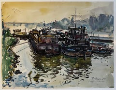 Conflans Sainte Honorine Barcos de río Acuarela Escena francesa del Sena Pierre Neveu