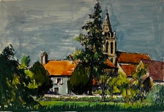 Cergy Village French Church Landscape Coloured Pen Drawing Val d Oise