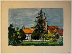 Cergy Village French Church Landscape Coloured Pen Drawing Val d Oise