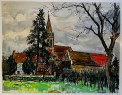 Cergy French Village Church Landscape Watercolor Rural Val d Oise