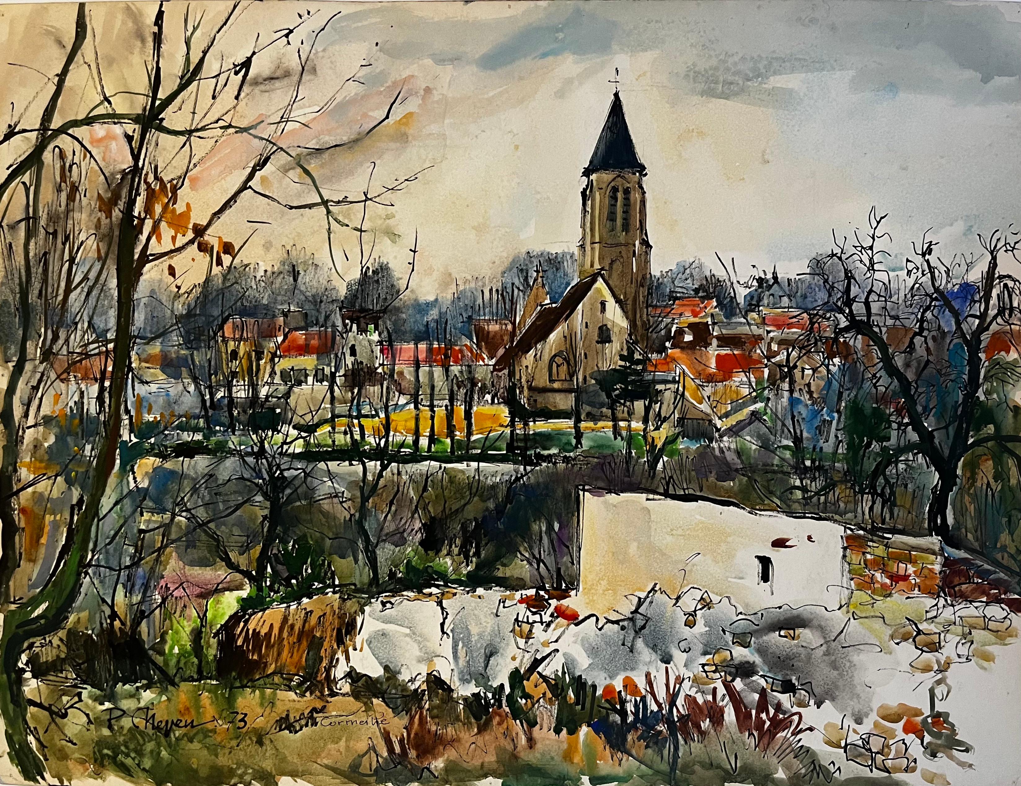 Montmorency Villaggio francese Chiesa Paesaggio Acquerello Val d Oise Pierre Neveu