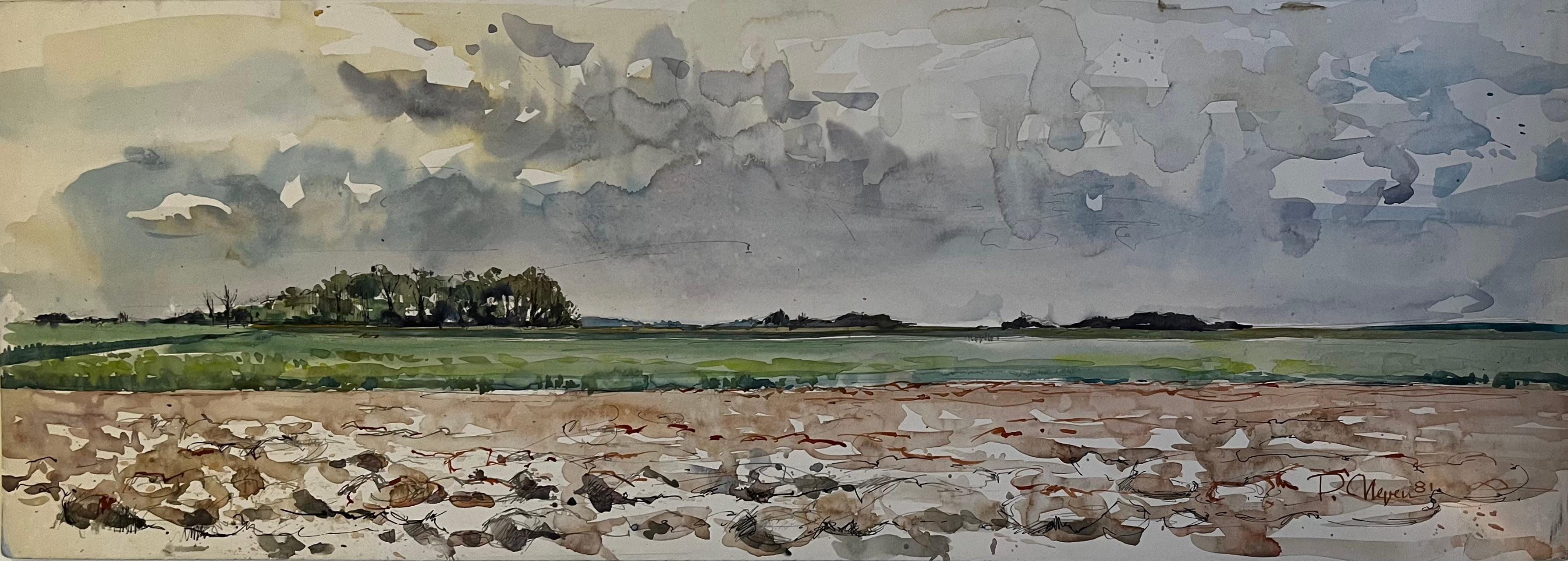 French Open Landscape Watercolor Fields and Sky Panoramic Rural Scene