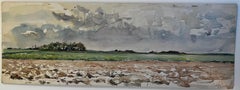 French Open Landscape Watercolor Fields and Sky Panoramic Rural Scene