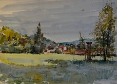 Auvers sur Oise Paysage français Aquarelle Champs Scène de village Pierre Neveu