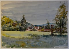 Auvers sur Oise Paysage français Aquarelle Champs Scène de village Pierre Neveu