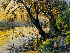 Herblay French River Landscape Watercolor Seine Riverside Scene Pierre Neveu