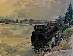 French River Seine Barge Harbor Landscape Watercolor Conflans Sainte Honorine