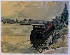 French River Seine Barge Harbor Landscape Watercolor Conflans Sainte Honorine
