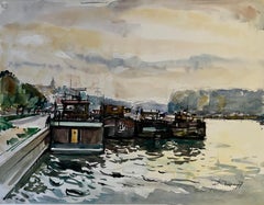 French River Seine Barge Harbor Scene Watercolor Conflans Sainte Honorine