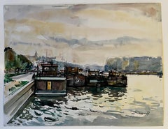 Río francés Sena Barcaza Escena portuaria Acuarela Conflans Sainte Honorine