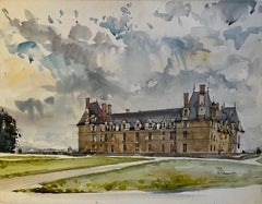 French Château and Formal Gardens Landscape Watercolor Sceaux Near Paris