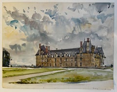 French Château and Formal Gardens Landscape Watercolor Sceaux Near Paris