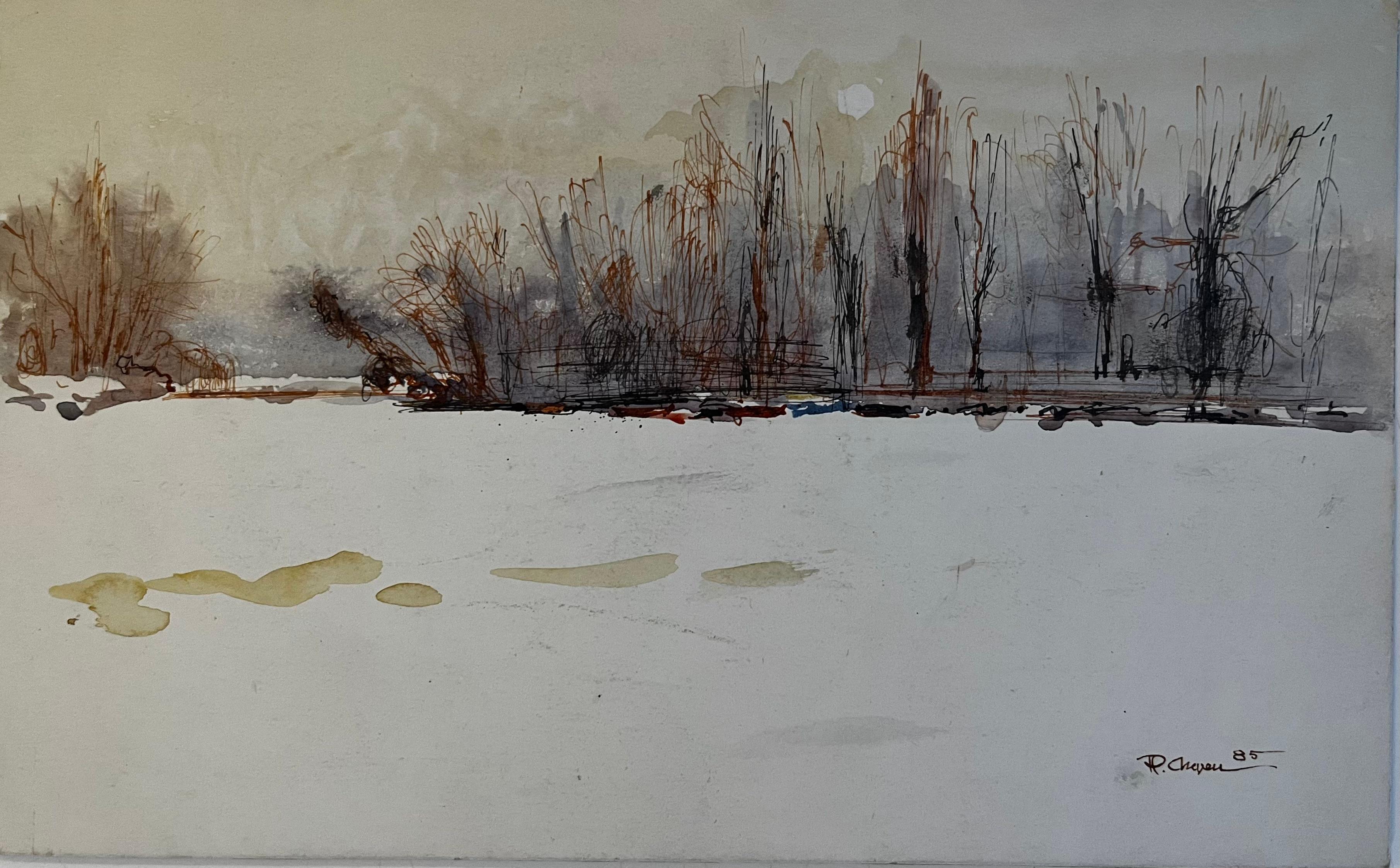 French Winter Riverbank Landscape Minimalist Watercolor Signed 1985