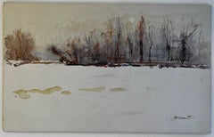 French Winter Riverbank Landscape Minimalist Watercolor Signed 1985