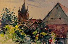 French Village Church and Rooftops Landscape Watercolor Signed 1983
