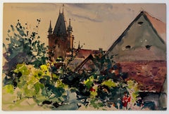 Iglesia y tejados de pueblo francés Paisaje Acuarela Firmada 1983