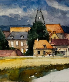 Cheny Auxerre Burgundy French Village Landscape Watercolor Signed