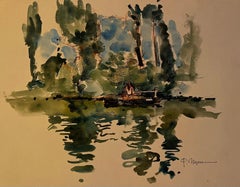 French River Landscape with Seated Figure in Boat and Reflections Watercolor