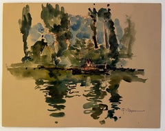 French River Landscape with Seated Figure in Boat and Reflections Watercolor