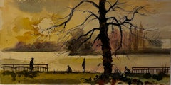 French Lakeside Park Scene with Figures and Tree Watercolor Signed