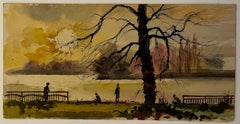 French Lakeside Park Scene with Figures and Tree Watercolor Signed