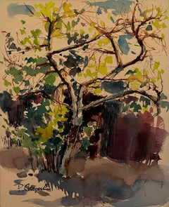 Expressive Tree Study with Green Foliage French Watercolor Signed