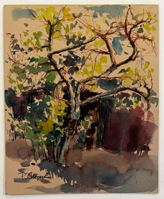 Expressive Tree Study with Green Foliage French Watercolor Signed