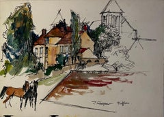 Escena callejera de pueblo francés con caballo e iglesia Acuarela y tinta Firmado