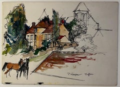Escena callejera de pueblo francés con caballo e iglesia Acuarela y tinta Firmado