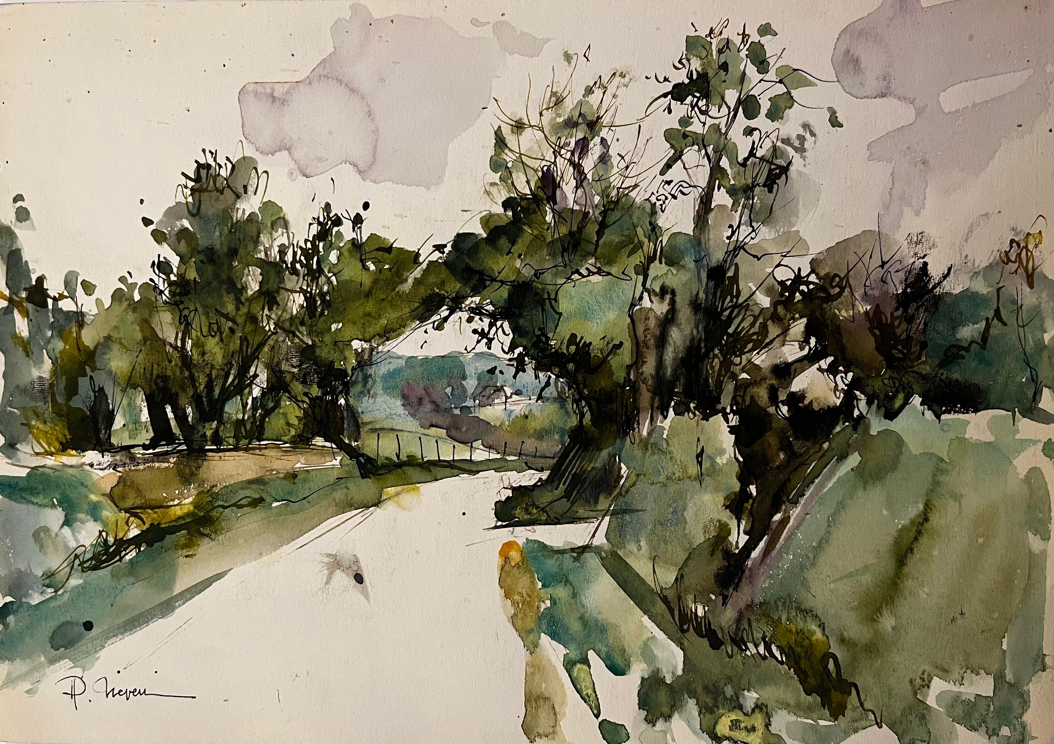 French Countryside Tree-Lined Path Landscape Watercolor and Ink Signed