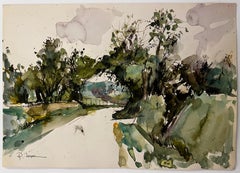 French Countryside Tree-Lined Path Landscape Watercolor and Ink Signed