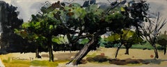 French Orchard Landscape with Fruit Trees Watercolor and Ink Signed 1978