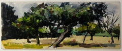 French Orchard Landscape with Fruit Trees Watercolor and Ink Signed 1978