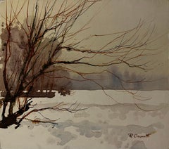 A Winter River Landscape with Bare Tree Aquarelle et encre signée 1985