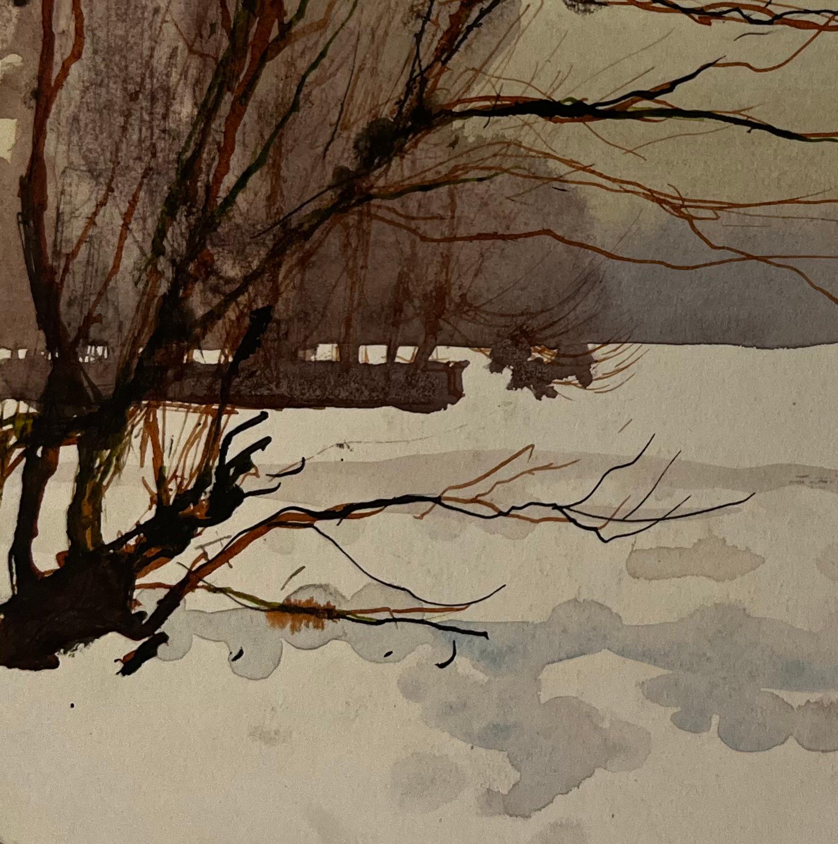 Pierre Neveu - Winter River Landscape with Bare Tree Watercolor and Ink ...