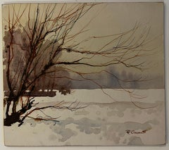 A Winter River Landscape with Bare Tree Aquarelle et encre signée 1985