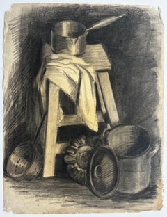 Charcoal Kitchen Still Life Study Pan Colander Cloth Mid Century French
