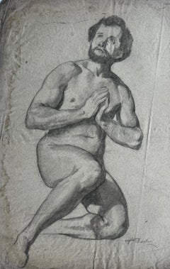 Graphite Male Nude Figure Study Academic Drawing French School