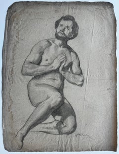 Graphite Male Nude Figure Study Academic Drawing French School