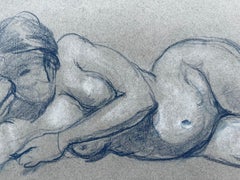 Gesso blu Figura femminile nuda reclinata Studio accademico scuola francese