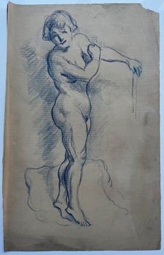 Gesso blu Figura femminile nuda in piedi Studio accademico scuola francese