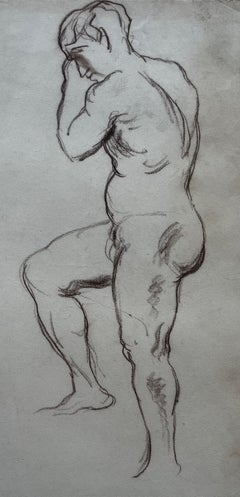 Brown Chalk Male Nude Figure Study Academic Drawing French School